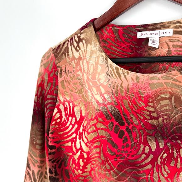 JM Collection Small Petite SP Stretchy Red Animal Print 3/4 Sleeve Shirt Top - Picture 3 of 9